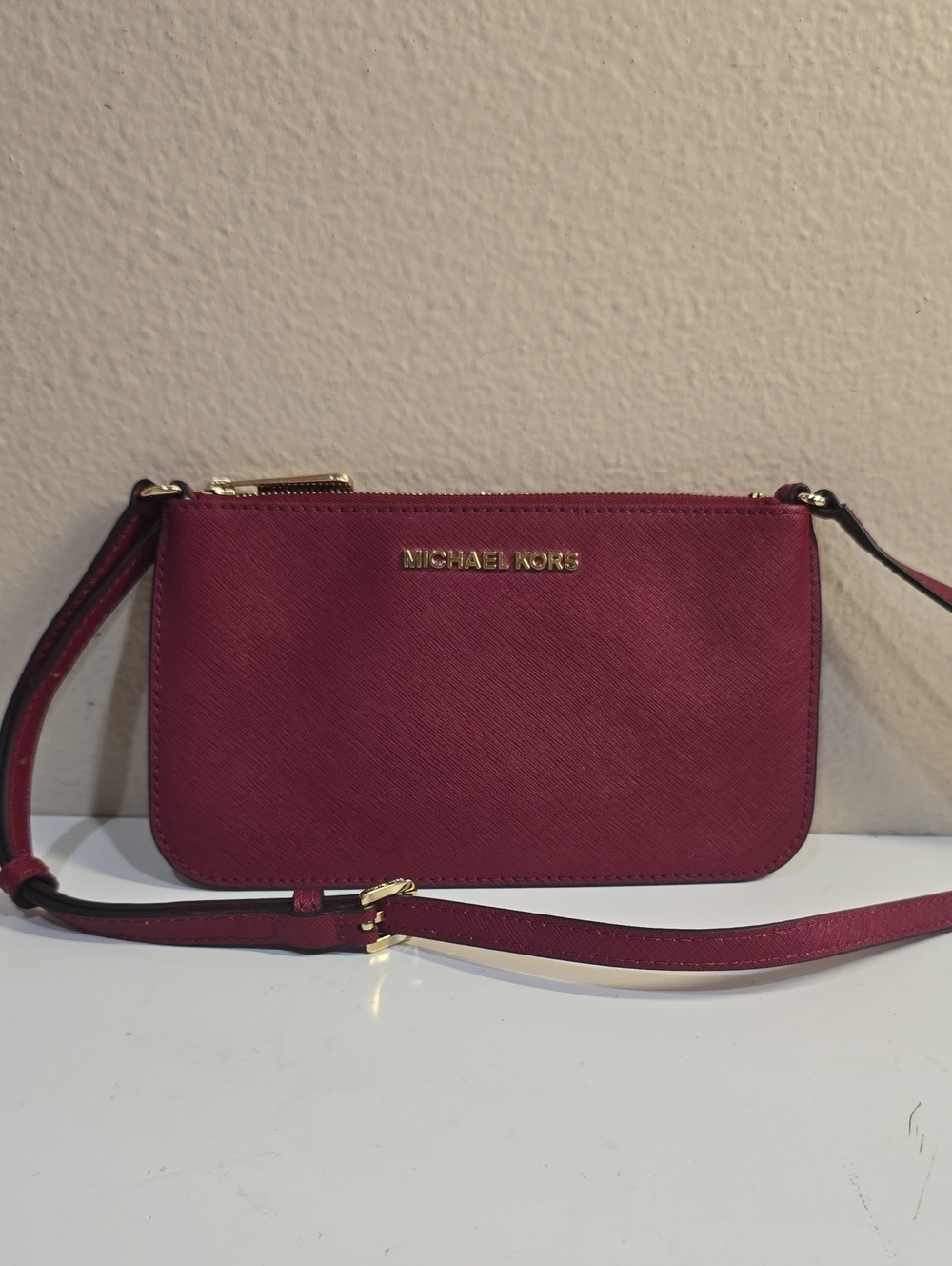 Michael Kors Burgundy Saffiano Crossbody Bag with Gold Hardware